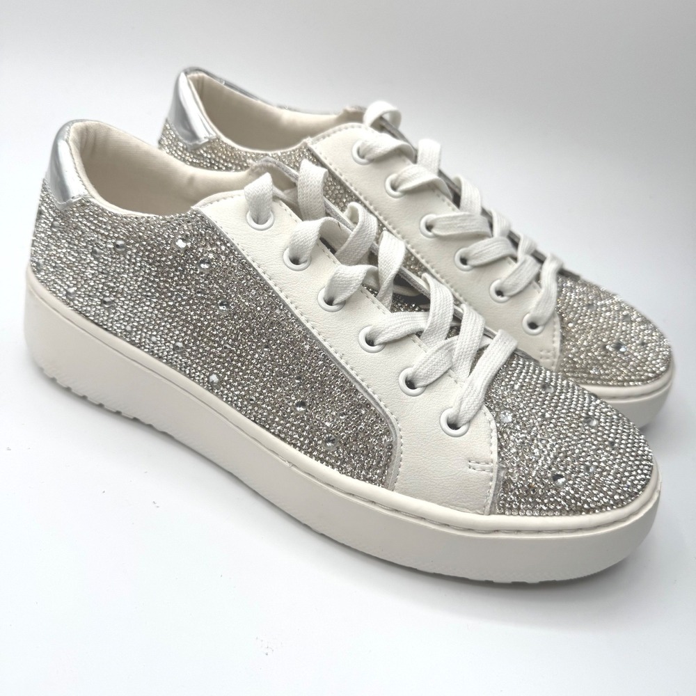 Steve Madden Rhinestone Platform Sneakers White Crystal Embellished Low Top 8.5